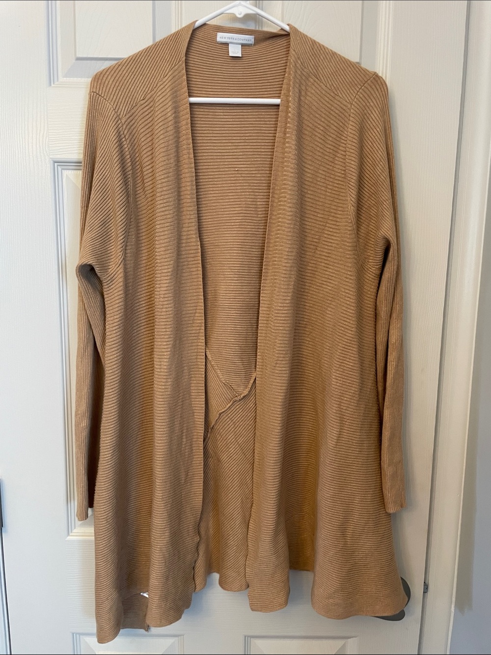 New York & Company Camel Ribbed Open-Front Cardigan